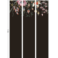 Three 24-inch wide panels of hanging flowers in pink, red, and cream on dark background. Illustrated by Lisel Ashlock.