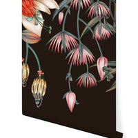 Botanical wallpaper mural featuring hanging flowers in red and pink tones on dark background. Illustrated by Lisel Ashlock.