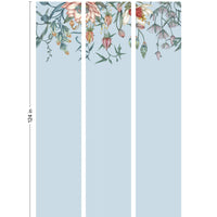 Three 24-inch-wide wallpaper panels featuring hanging flowers and foliage on a light blue background. Illustrated by Lisel Ashlock.