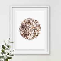 Circular sepia-toned illustration of owls surrounded by flowers and botanical elements in a white frame. Illustrated by Lisel Ashlock.