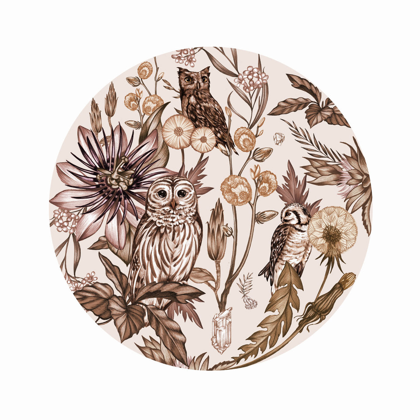 Passion fruit flowers open in the amber moonlight. A mythical night for a gathering of owls. Available as Art Print, Silk Scarf and Gift Wrap