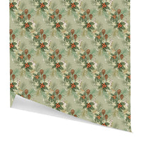Repeating pattern of holly berries, pine branches, and hares on sage green background gift wrap. Illustrated by Lisel Ashlock.