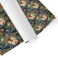 Rolls of dark green gift wrap featuring festive botanical pattern with red berries, pine cones, and traditional Dala horses. Illustrated by Lisel Ashlock.