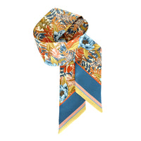 Colorful silk twilly scarf with marigold floral print and blue striped tail ends. Illustrated by Lisel Ashlock.
