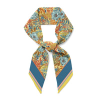 Marigold silk twilly scarf with floral botanical print and colorblock design illustrated by Lisel Ashlock.