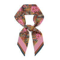 Silk twill twilly scarf in pink, navy, and rust with peony floral pattern and color-blocked ends, illustrated by Lisel Ashlock.