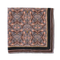 Dusted Lavender Filigree silk cotton scarf featuring ornate floral damask pattern with coral and gold details. Illustrated by Lisel Ashlock.