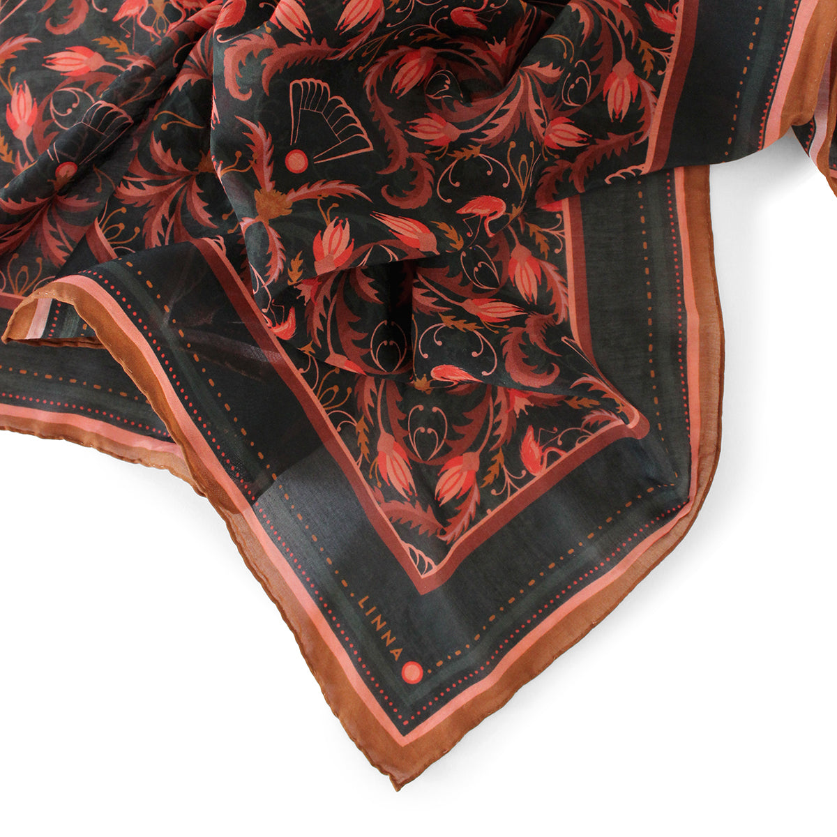 Large Silk Cotton Scarf: Floral Filigree in Bright Mahogany