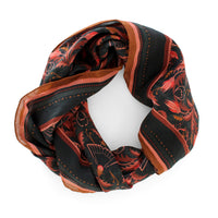Silk cotton scarf in bright mahogany filigree pattern with red and black baroque floral design. Illustrated by Lisel Ashlock.
