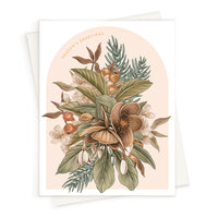 Blush greeting card featuring botanical illustration of hellebore flowers and greenery with "Season's Greetings" text. Illustrated by Lisel Ashlock.