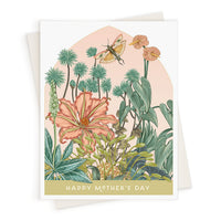 A Mother's Day greeting card illustration of a lush garden with coral flowers, green foliage, and a yellow butterfly. Illustrated by Lisel Ashlock.