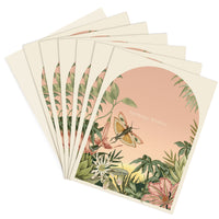 A set of six birthday greeting cards featuring botanical illustrations with a butterfly and "Birthday Wishes" text. Illustrated by Lisel Ashlock.