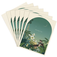 A fanned stack of "Missing You" greeting cards featuring illustrated botanical garden scene with bird and crescent moon. Illustrated by Lisel Ashlock.