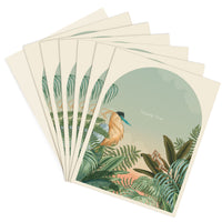 A fan of "Thank You" greeting cards featuring a wading bird among tropical foliage. Illustrated by Lisel Ashlock.
