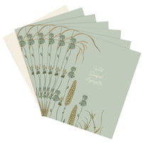 Stack of sympathy greeting cards with botanical illustrations of drooping flowers and wheat on sage green background. Illustrated by Lisel Ashlock.