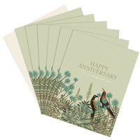 A stack of "Happy Anniversary" greeting cards featuring garden birds and botanical illustrations by Lisel Ashlock.