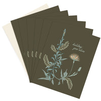 A stack of olive green greeting cards featuring botanical illustrations and "holding you close" text. Illustrated by Lisel Ashlock.