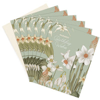 A fanned stack of sage green birthday greeting cards with white daffodils and snowdrops illustrated by Lisel Ashlock.