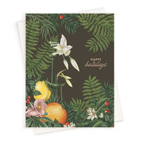Holiday greeting card with illustrated winter citrus fruits, white flowers, and fern leaves on dark green background. Illustrated by Lisel Ashlock.