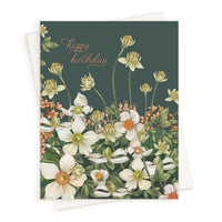 Happy birthday greeting card with botanical illustration of white anemones and gold flowers on dark green background. Illustrated by Lisel Ashlock.