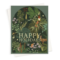 Holiday greeting card featuring woodland forest scene with gnome, deer, owl, ferns, and flowers on dark green background. Illustrated by Lisel Ashlock.