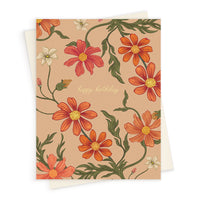 Birthday greeting card with colorful cosmos flowers and green foliage on a tan background with "happy birthday" text. Illustrated by Lisel Ashlock.