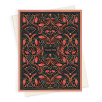 A thank you greeting card with ornate red and gold filigree floral damask pattern on dark background. Illustrated by Lisel Ashlock.