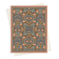 A thank you greeting card featuring an ornate apricot and teal filigree pattern with flamingos and flowers. Illustrated by Lisel Ashlock.