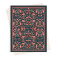 Thank you greeting card with ornate blue, coral, and gold filigree floral pattern. Illustrated by Lisel Ashlock.