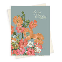Happy Birthday greeting card with illustrated coral, pink, orange, and white poppy flowers on sage green background. Illustrated by Lisel Ashlock.
