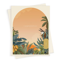 Congratulations greeting card featuring botanical illustration of tropical plants and sunset, illustrated by Lisel Ashlock.