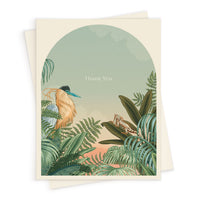 A thank you greeting card featuring an illustrated bird and small lizard surrounded by lush tropical foliage. Illustrated by Lisel Ashlock.
