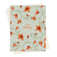 Birthday greeting card with orange flowers and green vines on sage green background. Illustrated by Lisel Ashlock.