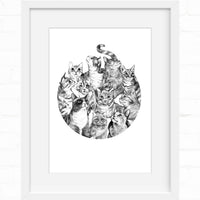 Black and white ink illustration of multiple cats arranged in a circular composition within a white frame. Illustrated by Lisel Ashlock.