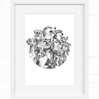 A circular black and white pen illustration of nine different dog breeds arranged together. Illustrated by Lisel Ashlock.