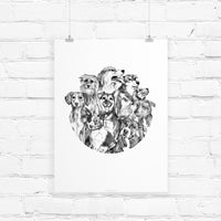 Circular black and white pen illustration of nine different dog breeds arranged together. Illustrated by Lisel Ashlock.