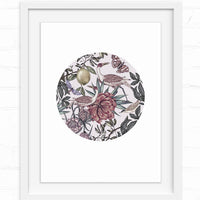 Circular illustration of exotic birds perched among pink flowers, green foliage, and butterflies in muted tones. Illustrated by Lisel Ashlock.