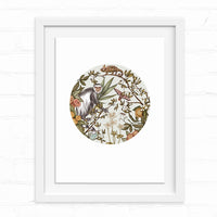 A circular illustration of a colobus monkey among botanical elements and wildlife in earthy tones, framed in white. Illustrated by Lisel Ashlock.