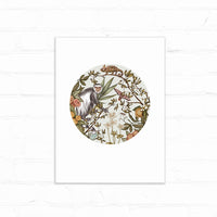 Circular illustration of a colobus monkey surrounded by botanical elements including flowers, leaves, and a chameleon, illustrated by Lisel Ashlock.