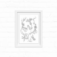 Framed pen and ink illustration of imaginary sea creatures and flora arranged vertically. Illustrated by Lisel Ashlock.