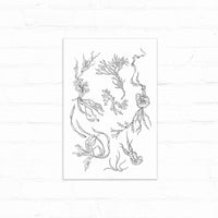 Detailed line drawing of fantastical sea creatures and coral-like plants arranged vertically on white paper. Illustrated by Lisel Ashlock.