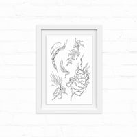 Framed line drawing of stylized seaweed and kelp specimens arranged vertically. Illustrated by Lisel Ashlock.