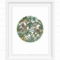 Circular botanical illustration featuring a hoopoe bird among flowering plants and foliage in muted greens and earth tones. Illustrated by Lisel Ashlock.