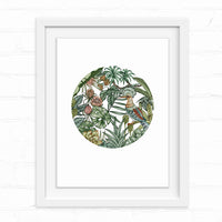 A circular illustration of tropical plants and flowers with a colorful hoopoe bird perched among green foliage. Illustrated by Lisel Ashlock.