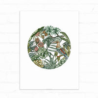 Circular botanical illustration featuring a hoopoe bird among flowering plants and foliage in green and earth tones. Illustrated by Lisel Ashlock.