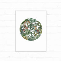 Circular illustration of tropical plants and flowers with a hoopoe bird, illustrated by Lisel Ashlock.