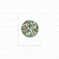 A circular botanical illustration featuring tropical plants, flowers, and a hoopoe bird, illustrated by Lisel Ashlock.