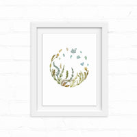 Watercolor illustration of wildflowers and seed pods arranged in a circular wreath with teal accents. Illustrated by Lisel Ashlock.