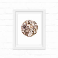 Circular illustration of an owl surrounded by flowers and botanical elements in sepia tones. Illustrated by Lisel Ashlock.