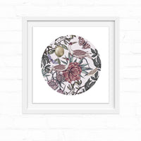 Circular illustration of exotic birds perched among flowering branches and foliage in muted tones. Illustrated by Lisel Ashlock.